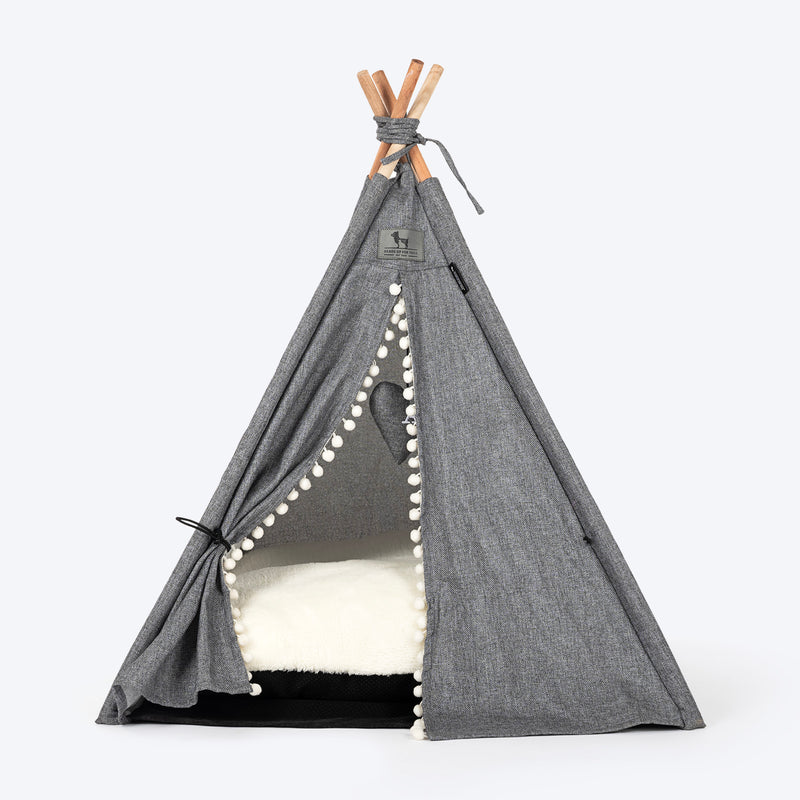 HUFT Personalised Cozy Fort Teepee Tent Bed For Dog & Cat - Charcoal Black - Heads Up For Tails