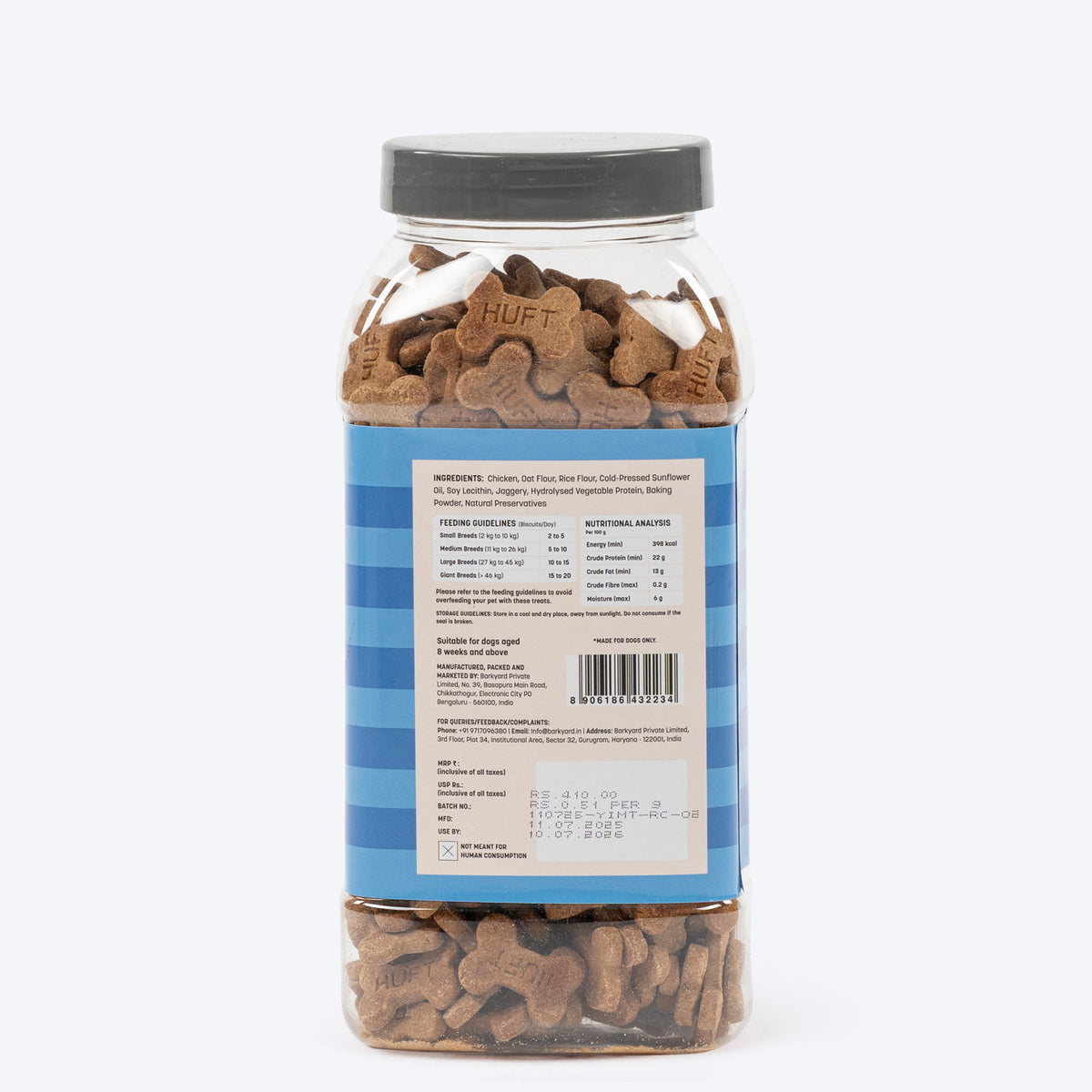 HUFT YIMT Chicken Gluten-Free Dog Biscuit, 500g jar, featuring bone-shaped treats with chicken and oat flour ingredients