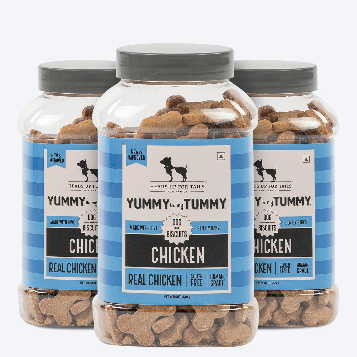 Heads Up for Tails Yummy in My Tummy Chicken Dog Biscuits, gluten-free, 320g, in a multi-pack of three jars