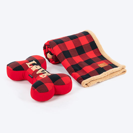 HUFT Love Plaid Blanket With Bone Cushion For Dog - Red - Heads Up For Tails