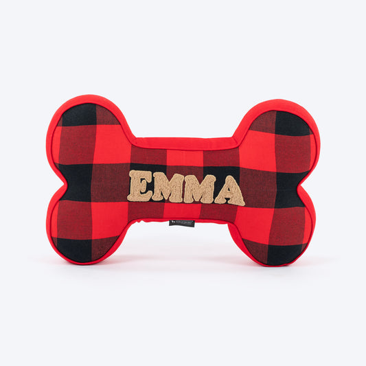 HUFT Personalised Checkered Cuddle Bone Cushion For Dog - Red & Black