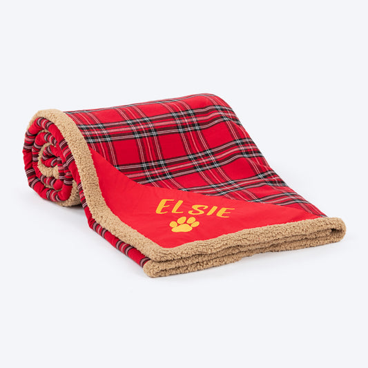 HUFT Personalised Tartan Plaid Snuggle Blanket For Dog & Cat - Red - Heads Up For Tails