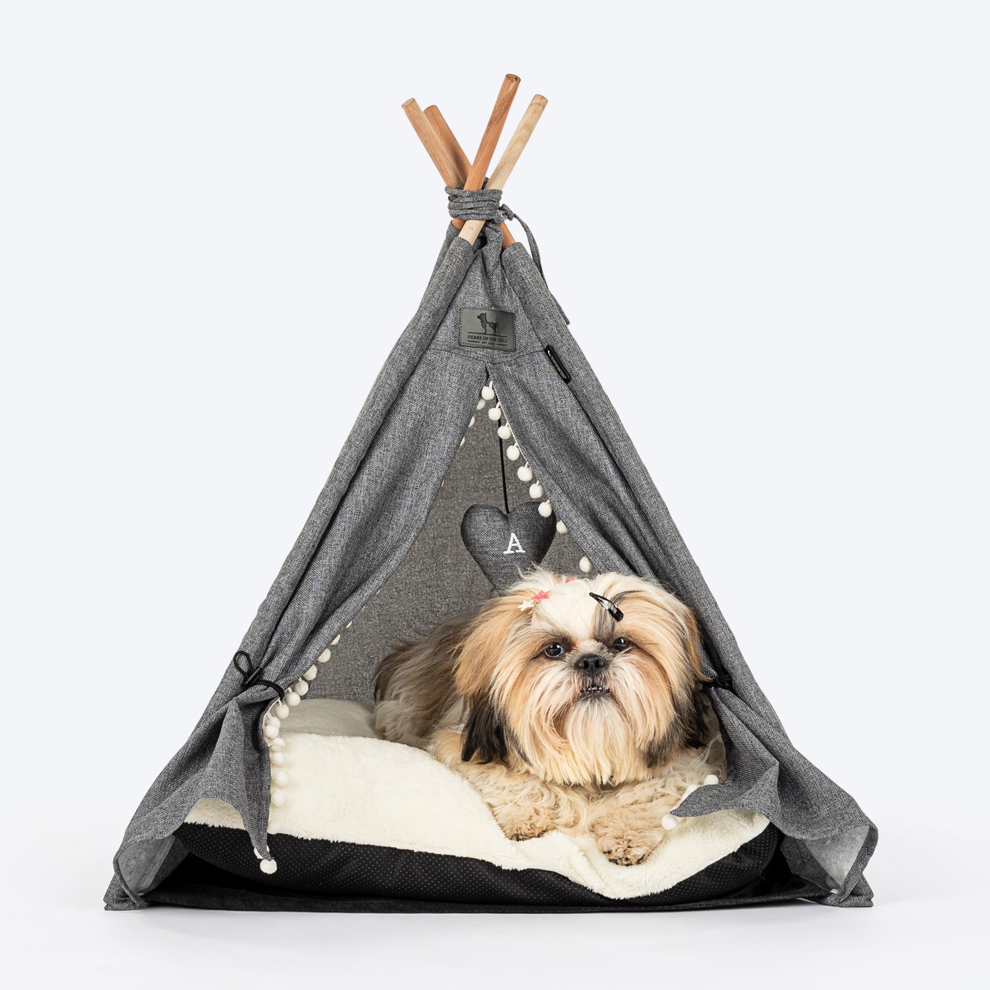 HUFT Personalised Cozy Fort Teepee Tent Bed For Dog & Cat - Charcoal Black - Heads Up For Tails