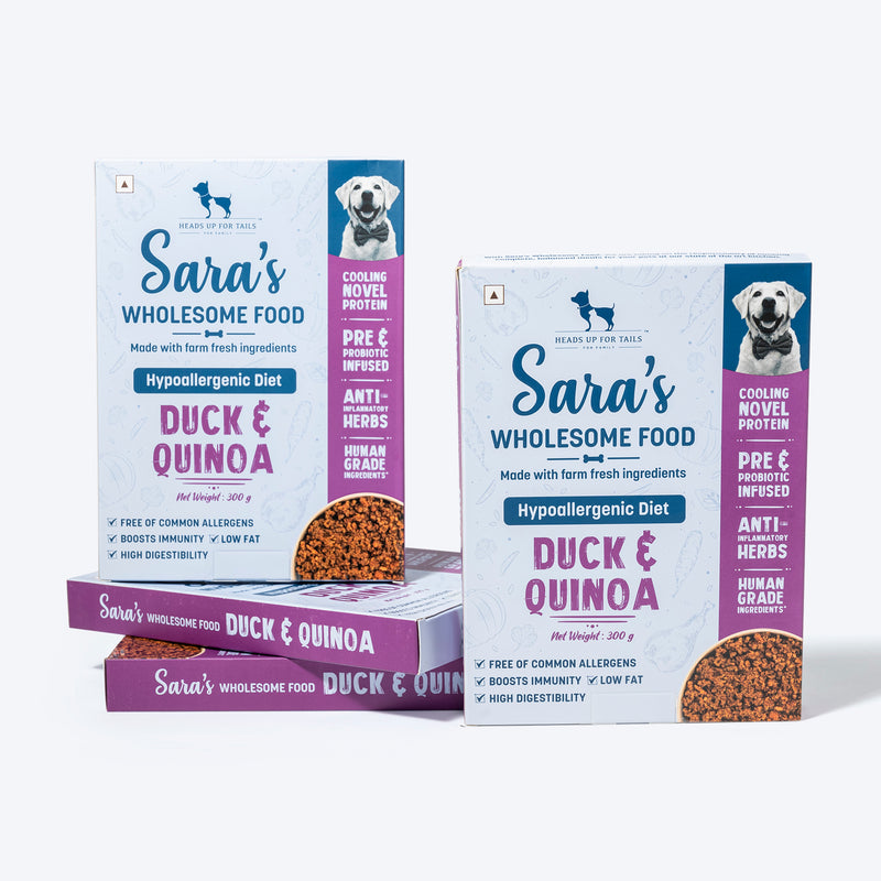 Sara's Wholesome Hypoallergenic Diet Duck & Quinoa Dog Wet Food, 300 g, made with farm-fresh ingredients.