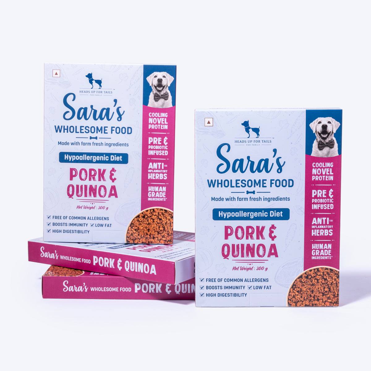 Sara's Wholesome Hypoallergenic Diet Pork & Quinoa Dog Wet Food, 300 g, features farm-fresh ingredients and low fat.
