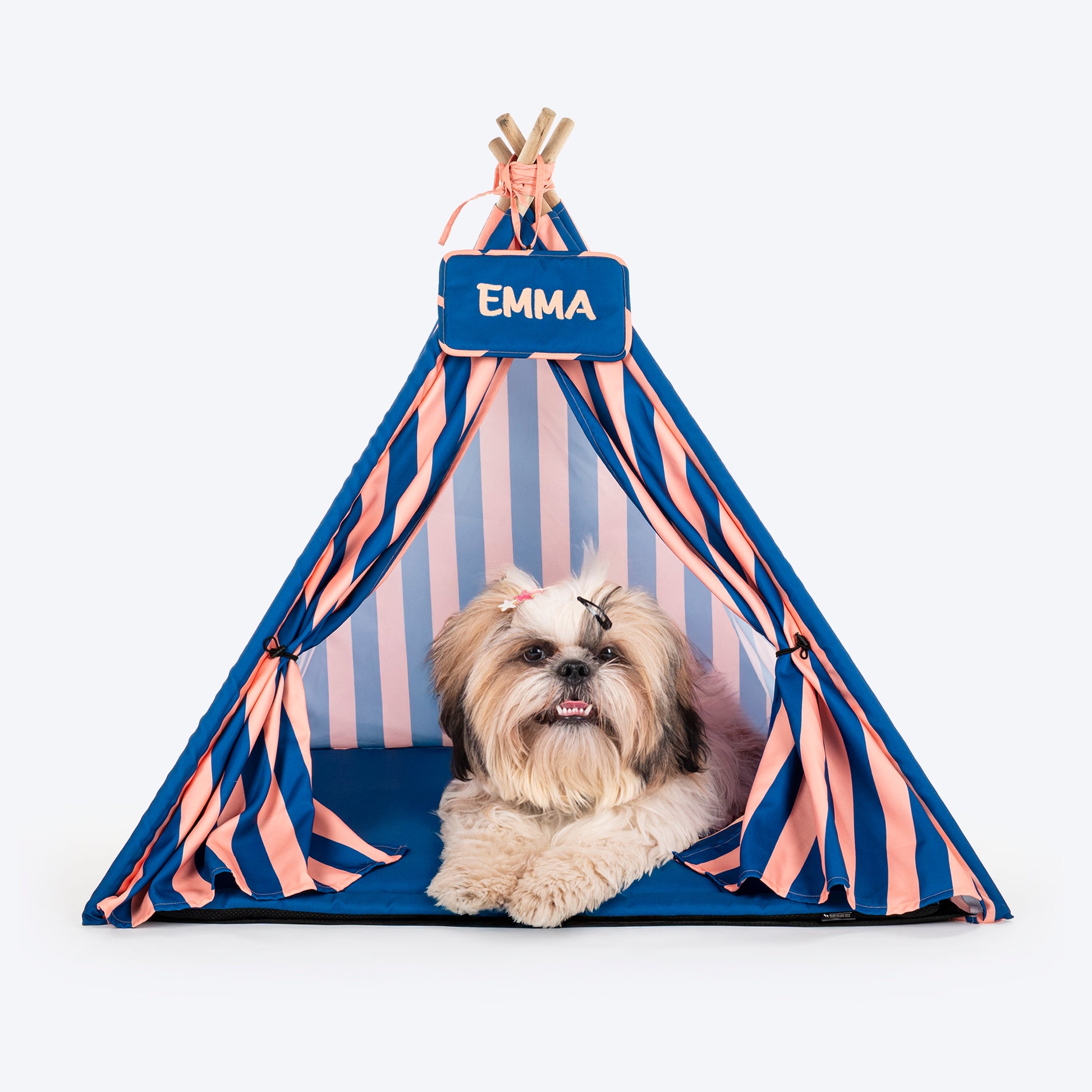 HUFT Personalised Happy Stripes Teepee Tent Bed For Dog & Cat - Navy & Peach - Heads Up For Tails