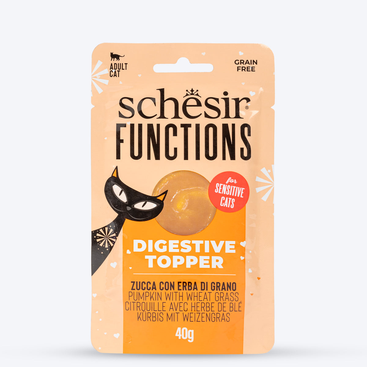 Schesir Function Digestive Topper Pumpkin With Wheat Grass Sensitive Wet Food For Adult Cat - 40 gm, For Cat, Wet Food