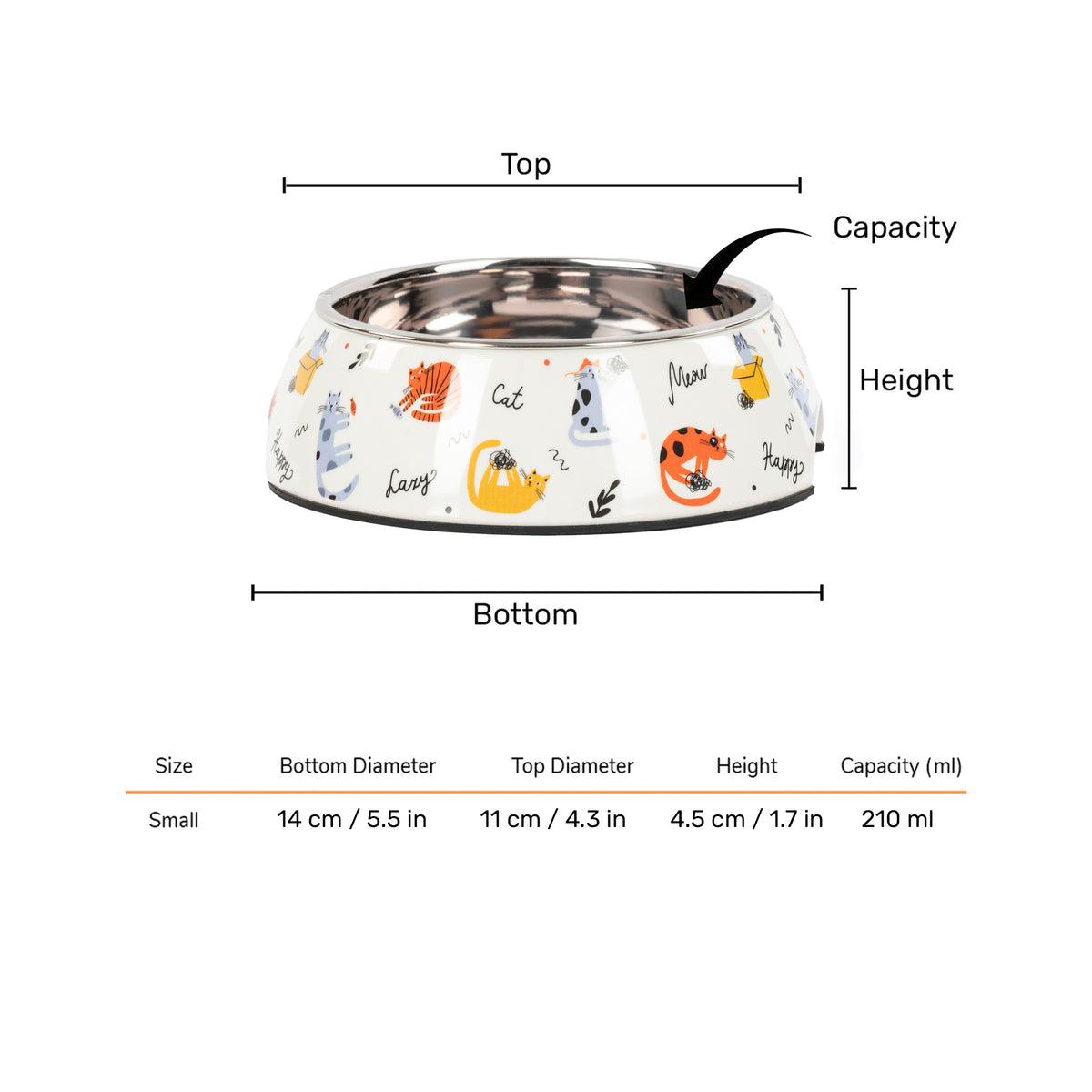 HUFT Whisker Tails Printed Melamine Bowl With Steel Inserts For Cat - Multicolor