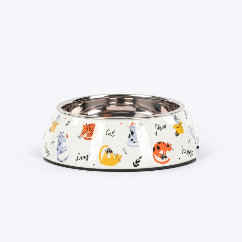 HUFT Whisker Tails Printed Melamine Bowl With Steel Inserts For Cat - Multicolor