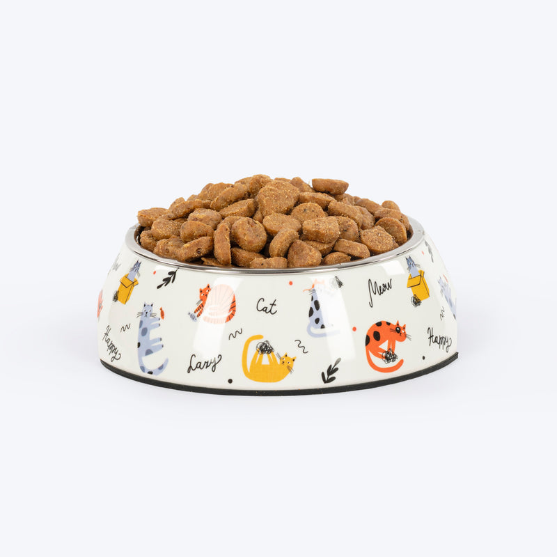 HUFT Whisker Tails Printed Melamine Bowl With Steel Inserts For Cat - Multicolor