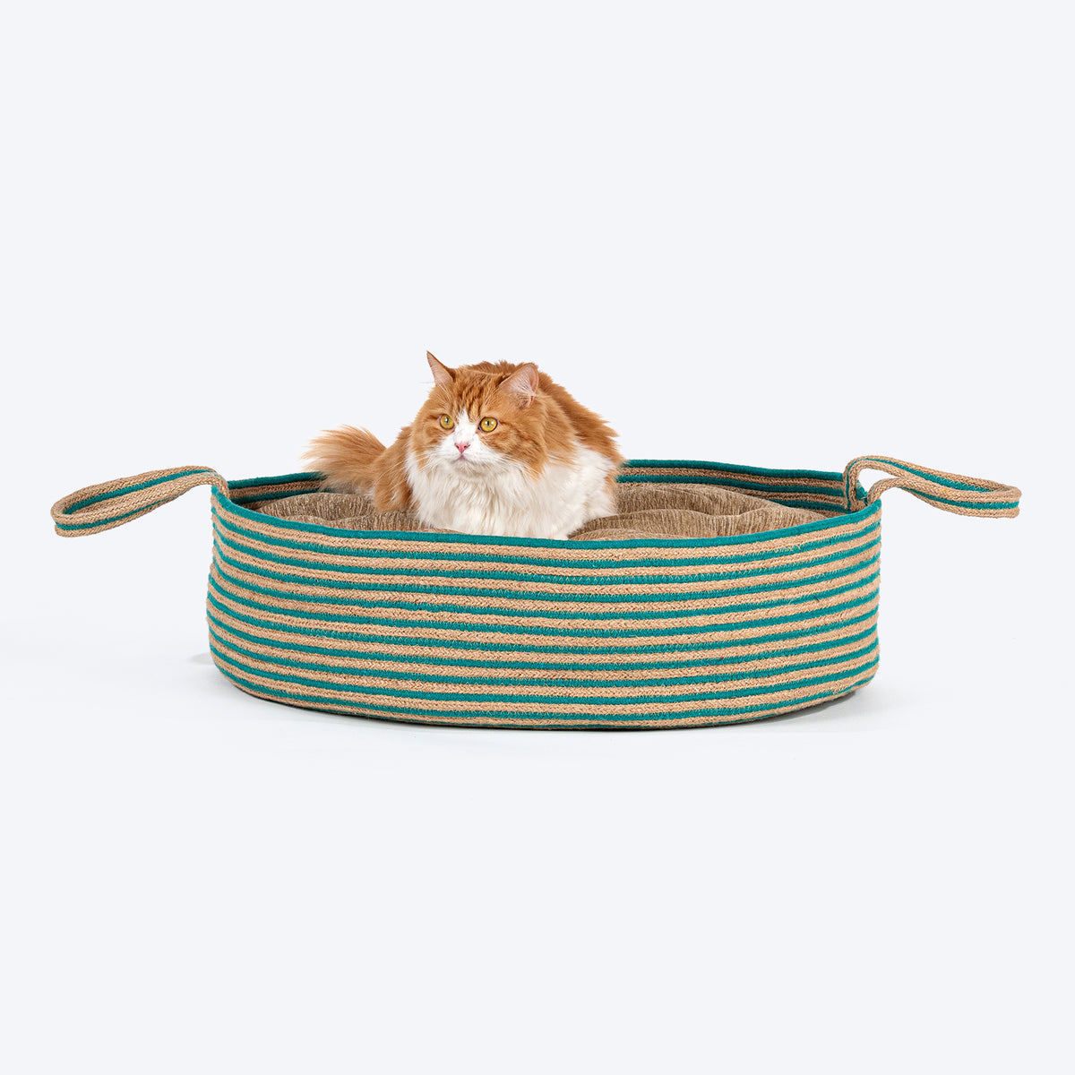 HUFT Whisker Retreat Jute Basket Bed With Cushion For Small Dogs & Cats- Aqua & Brown - Heads Up For Tails
