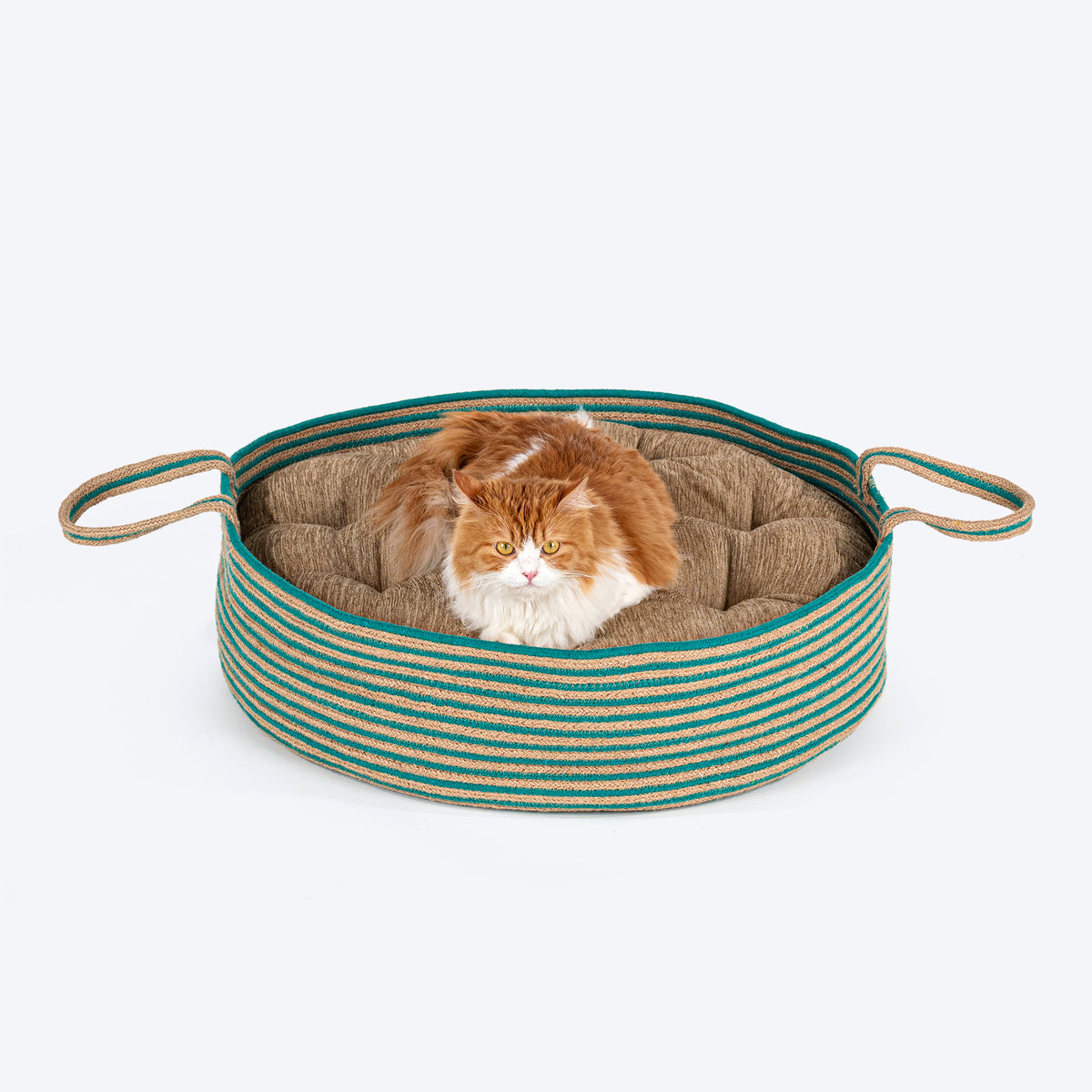 HUFT Whisker Retreat Jute Basket Bed With Cushion For Small Dogs & Cats- Aqua & Brown - Heads Up For Tails