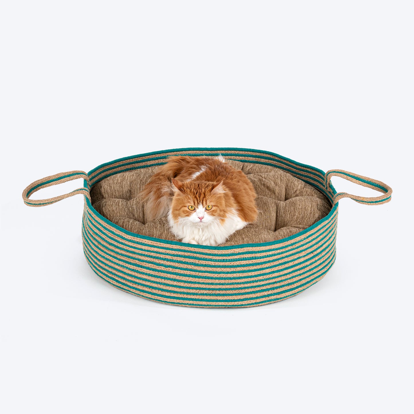 HUFT Whisker Retreat Jute Basket Bed With Cushion For Small Dogs & Cats- Aqua & Brown