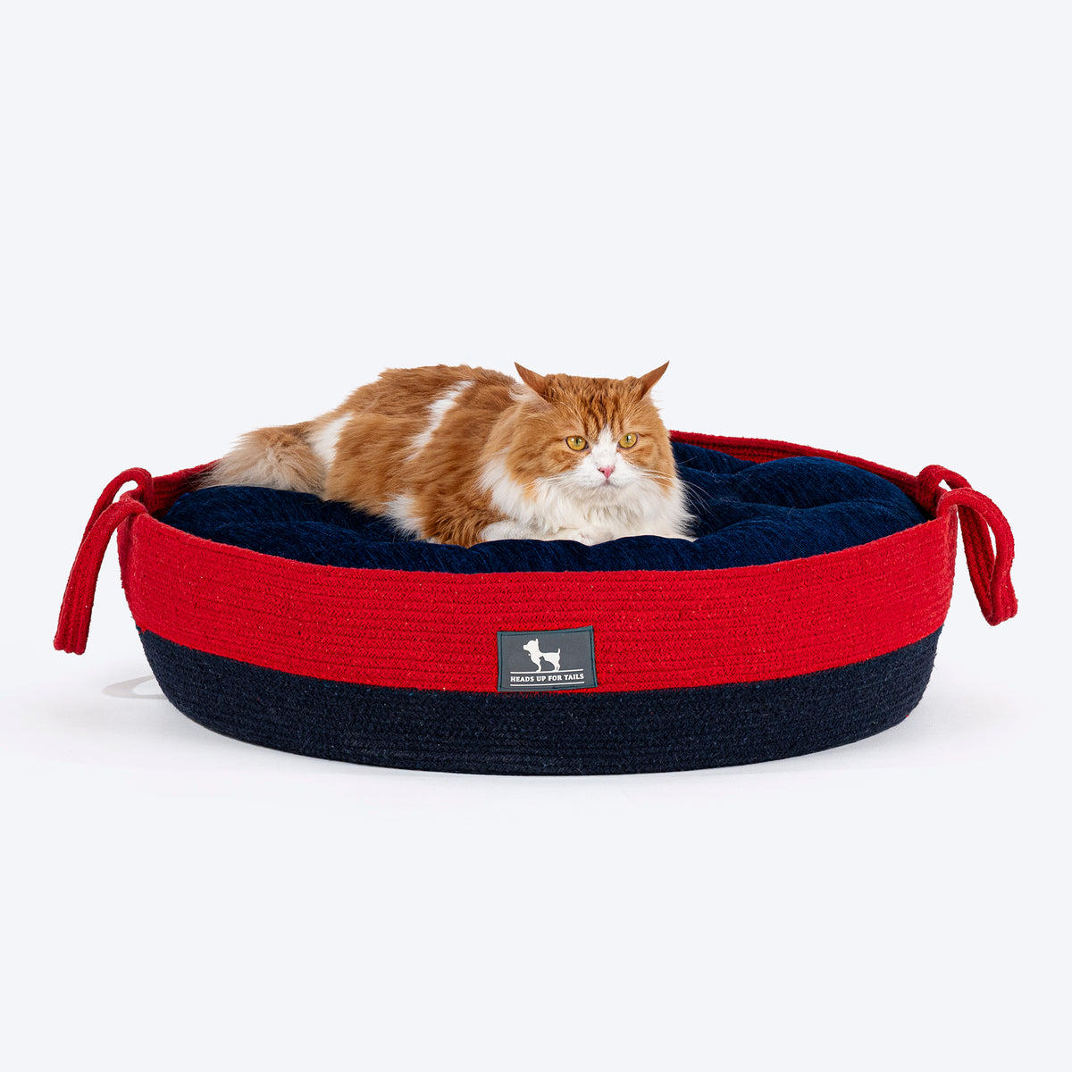 HUFT Cuddle Paws Jute Basket Bed With Cushion For Small Dogs & Cats - Red & Navy - Heads Up For Tails