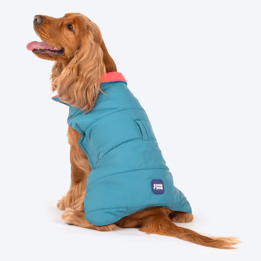 Dash Dog Puffer Dog Jacket - Aqua & Coral - Heads Up For Tails