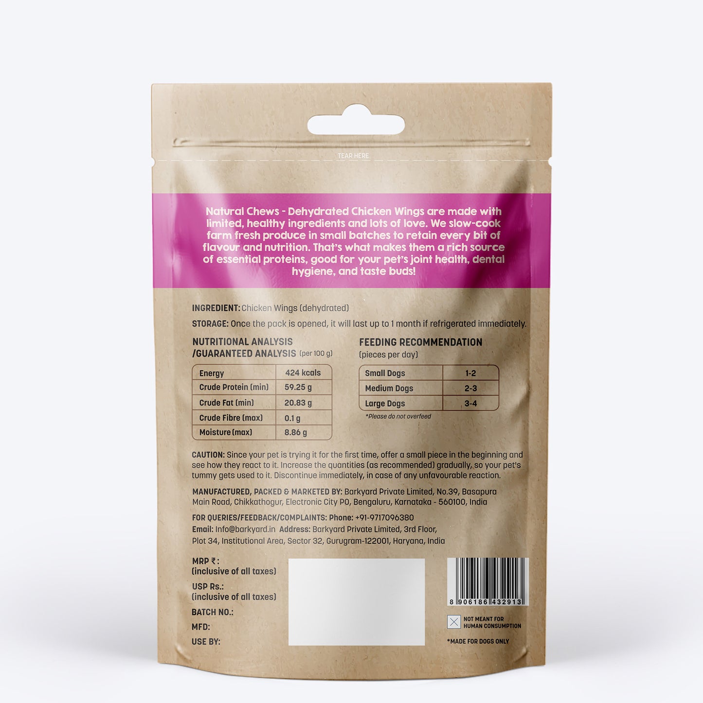 HUFT Natural Chews - Dehydrated Chicken Wings For Dog - 70g - Heads Up For Tails