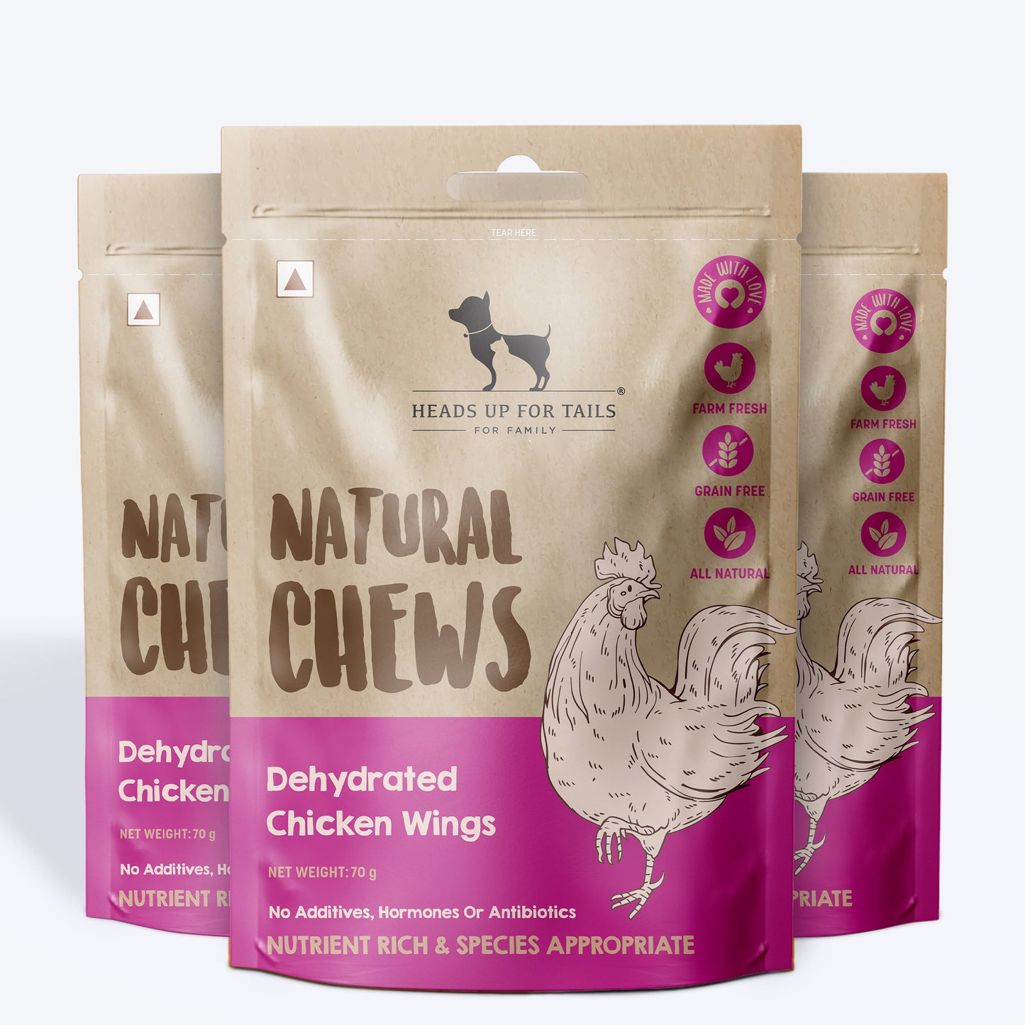 HUFT Natural Chews - Dehydrated Chicken Wings For Dog - 70g - Heads Up For Tails