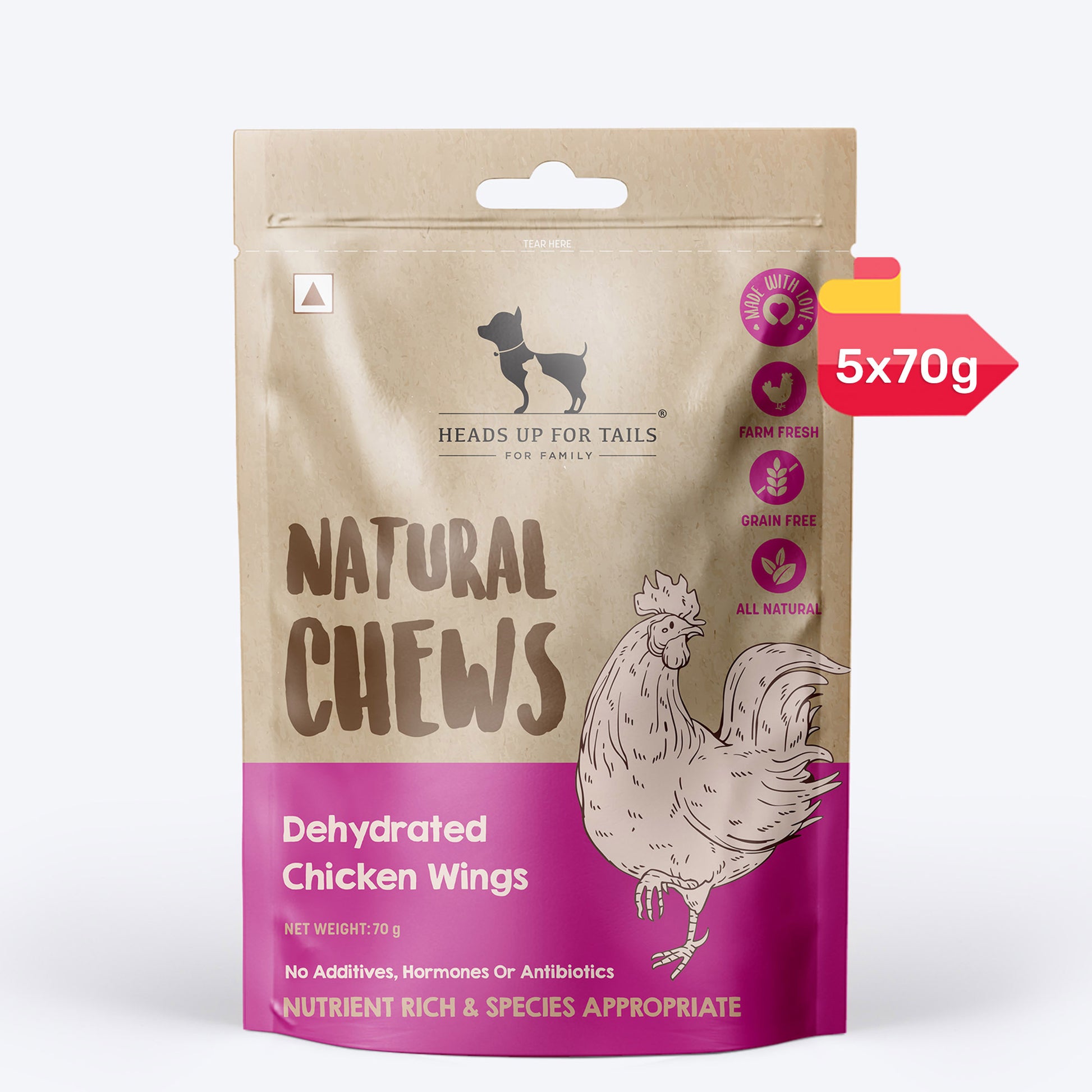 HUFT Natural Chews - Dehydrated Chicken Wings For Dog - 70g - Heads Up For Tails