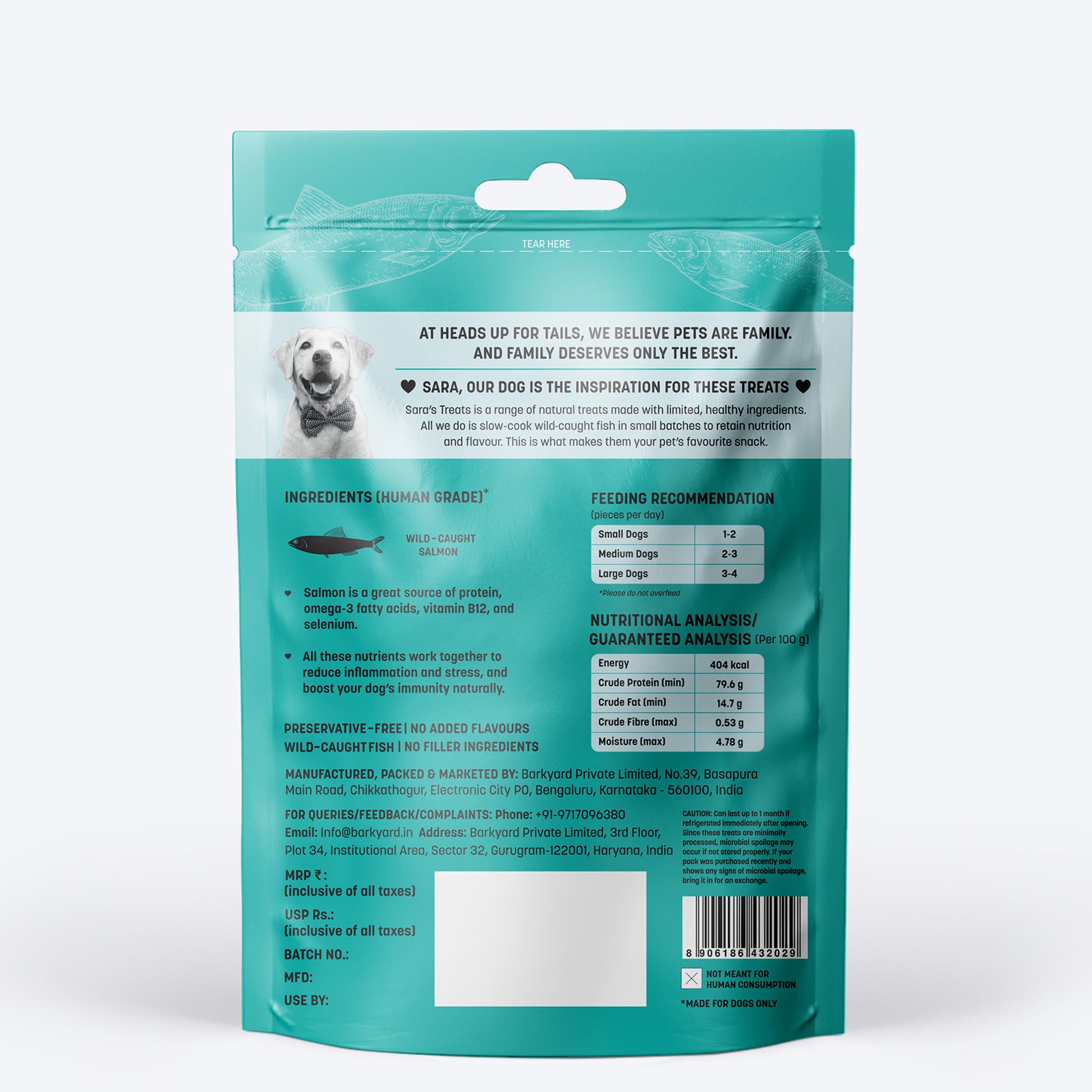 Sara's Doggie Treats - Dehydrated Salmon Jerky - 70 gm - Heads Up For Tails