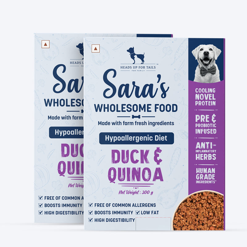 Sara's Wholesome Hypoallergenic Diet Duck & Quinoa Dog Wet Food, 300 g, made with farm-fresh ingredients.