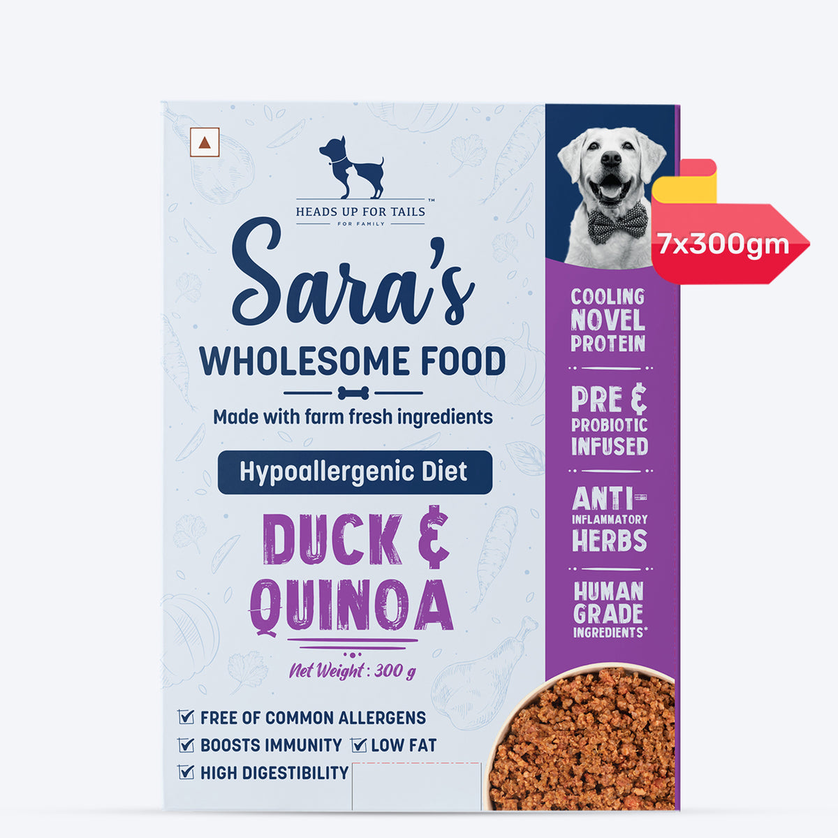 Sara's Wholesome Hypoallergenic Diet Duck & Quinoa Dog Wet Food, 300 g, made with farm-fresh ingredients.