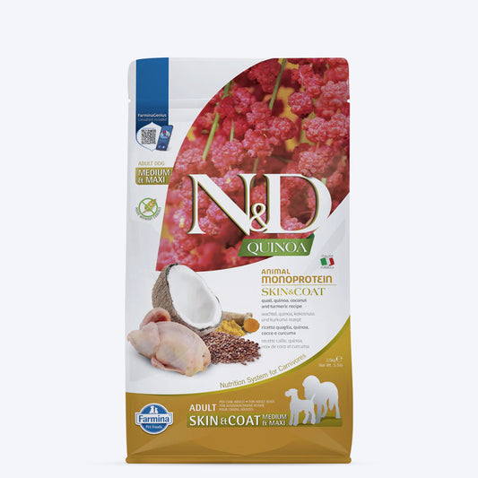 Farmina N&D Quinoa Quail, Coconut & Turmeric (Skin & Coat) Medium & Maxi Breed Dry Adult Dog Food - Heads Up For Tails
