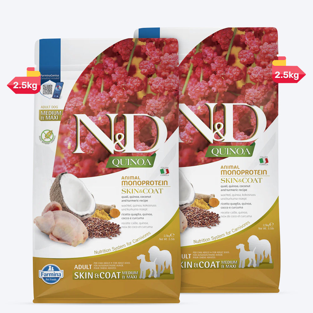 Farmina N&D Quinoa Quail, Coconut & Turmeric (Skin & Coat) Medium & Maxi Breed Dry Adult Dog Food - Heads Up For Tails