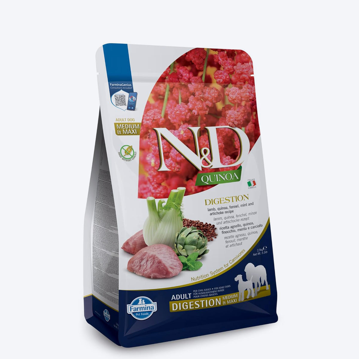 Farmina N&D Quinoa Digestion Lamb Medium & Maxi Breed Dry Adult Dog Food, Digestive Support, Calcium Source