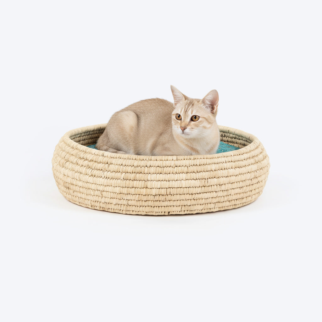 HUFT Nature Nap Basket Bed With Block Printed Cushion For Cat - Multicolor