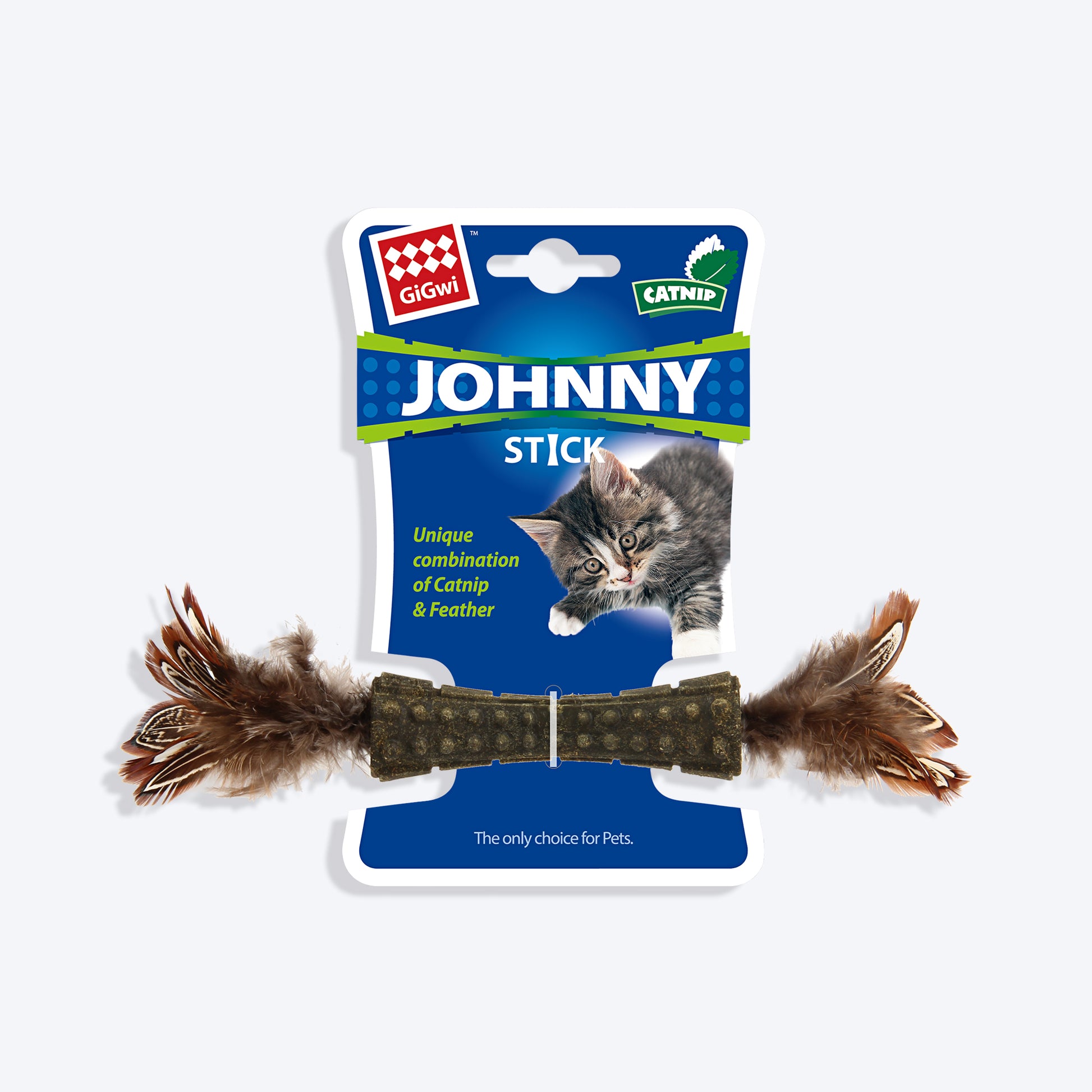 GiGwi Catnip Johnny Stick Cat Toy (with Double Side Feathers) - Brown - Heads Up For Tails