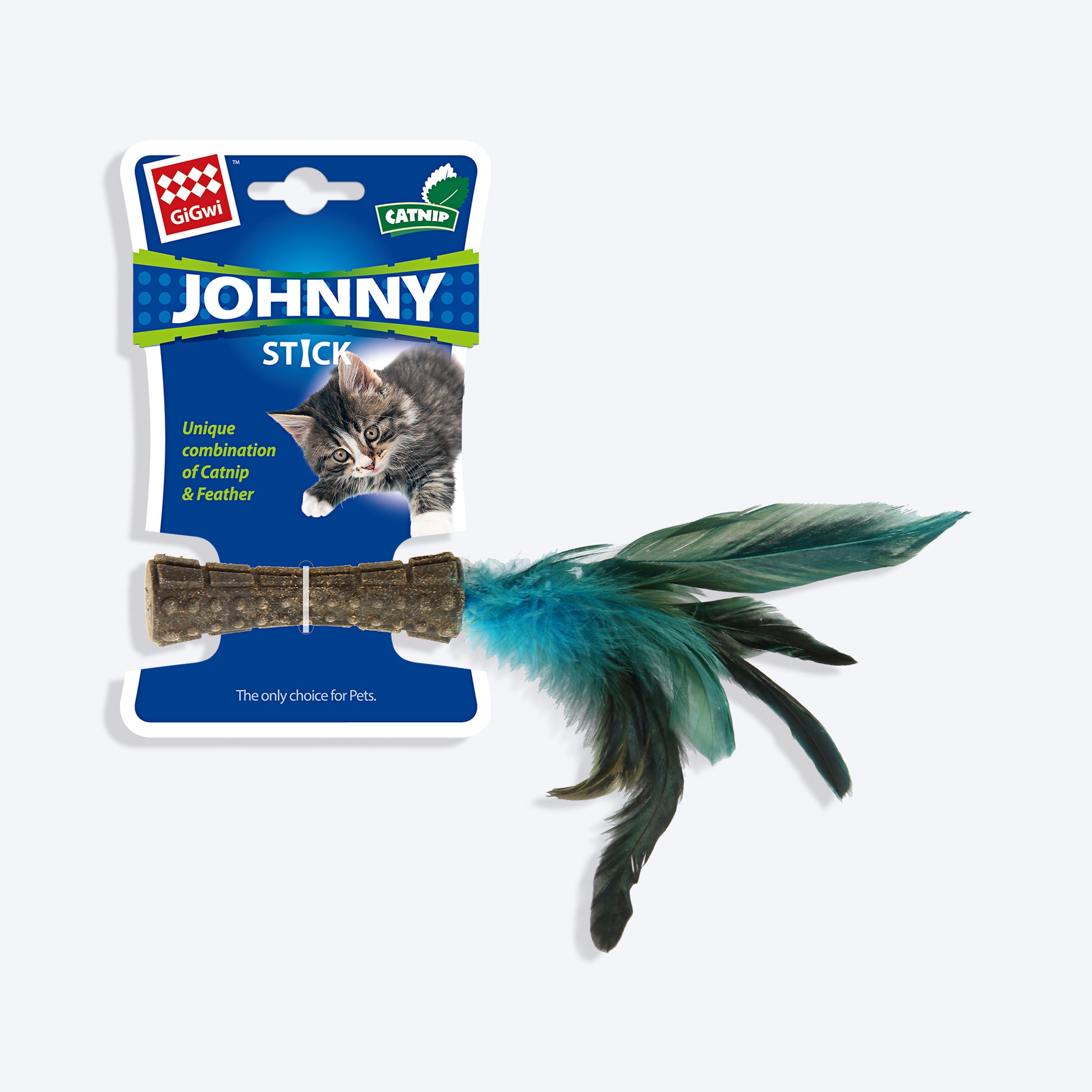 GiGwi Catnip Johnny Stick Cat Toy (with Natural Feathers) - Blue - Heads Up For Tails