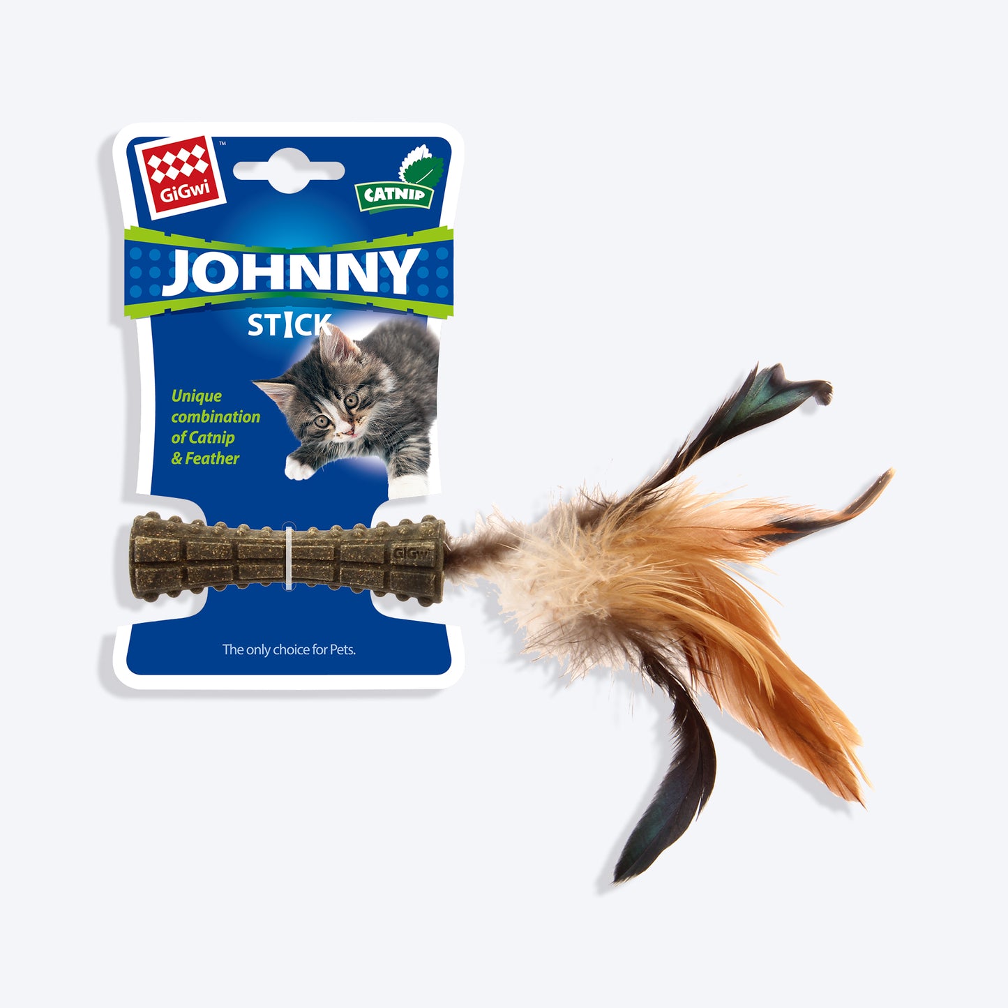 GiGwi Catnip Johnny Stick Cat Toy (with Natural Feathers) - Brown - Heads Up For Tails