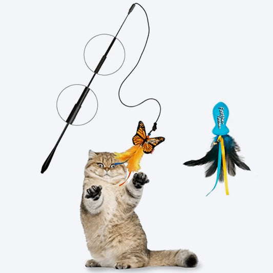 GiGwi Feather Teaser Fish And Butterfly Flexible Rod With Crinkle Paper And Catnip Cat Toy - Heads Up For Tails
