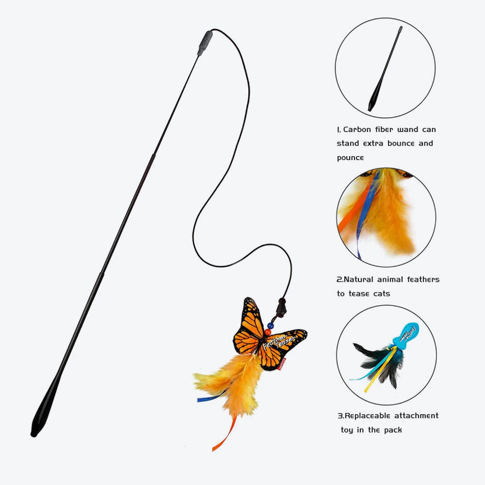 GiGwi Feather Teaser Fish And Butterfly Flexible Rod With Crinkle Paper And Catnip Cat Toy - Heads Up For Tails