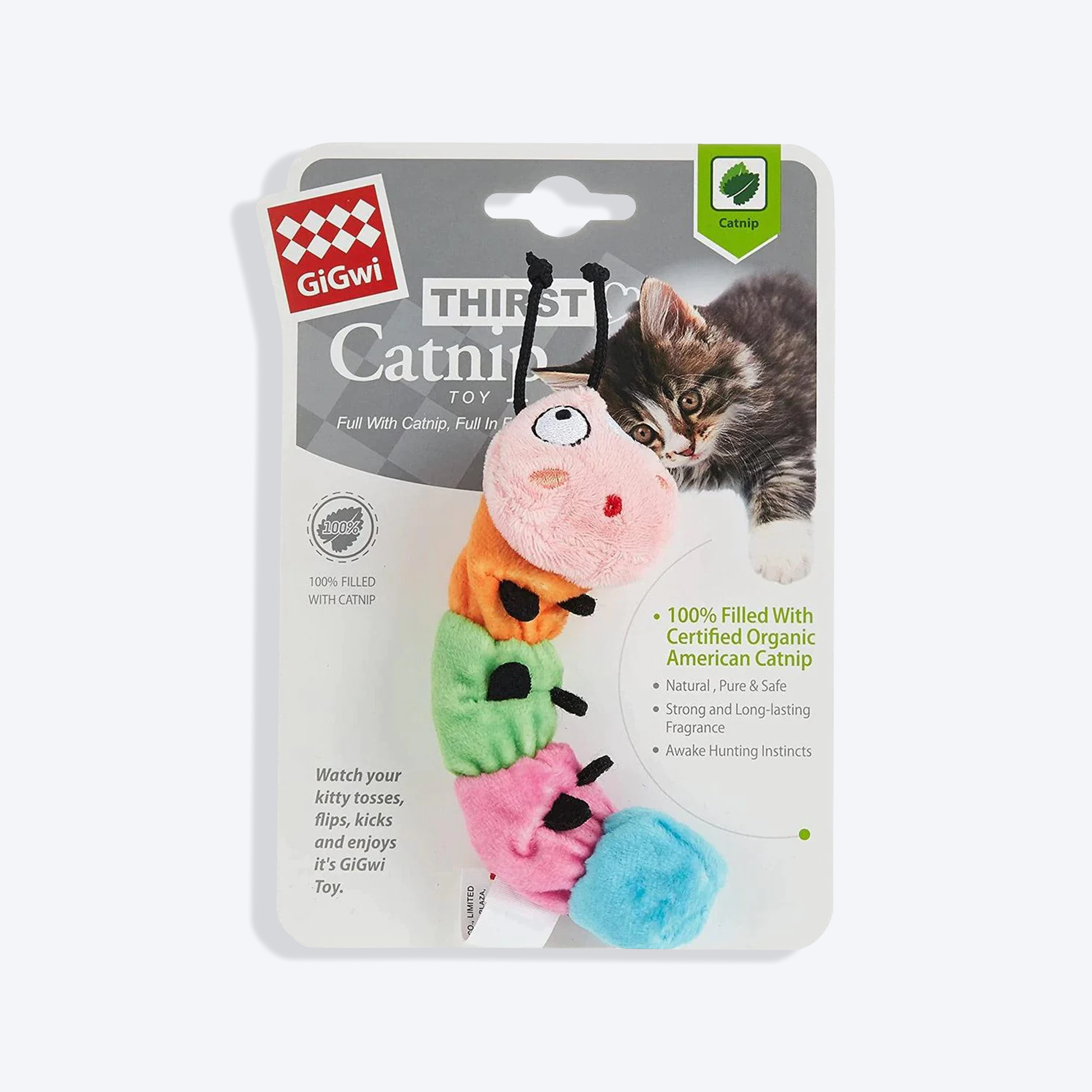 GiGwi Thirsty Catnip Cat Toy - Caterpillar Filled with 100% organic Catnip inside - Heads Up For Tails