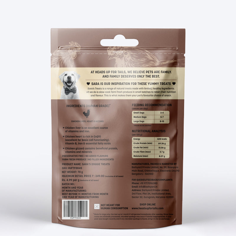 Sara's Doggie Treats Dehydrated Chicken Giblets, 70 g, high protein, low fat, all-natural dog treats in a resealable bag.