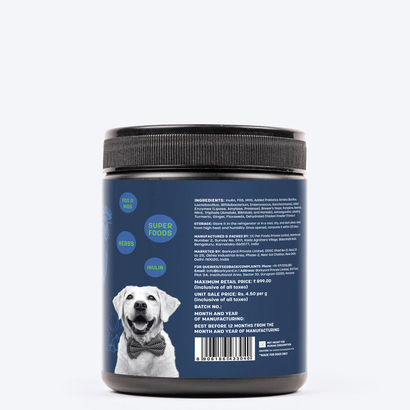 Sara's Boosters Gut & Digestive Health Supplement for Dogs, 200 gm, a blend of prebiotics and probiotics with enzymes.