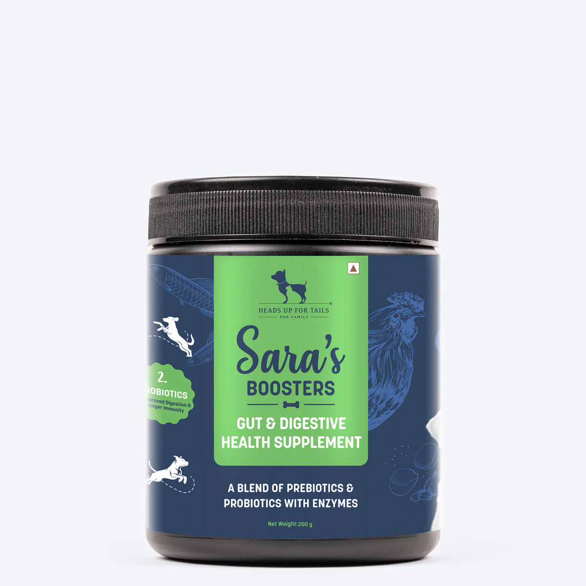 Sara's Boosters Gut & Digestive Health Supplement for Dogs, 200 gm, a blend of prebiotics and probiotics with enzymes.