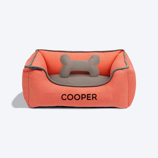 HUFT Personalised Lounger Dog Bed (Free Bone Cushion) - Coral With Grey - Heads Up For Tails