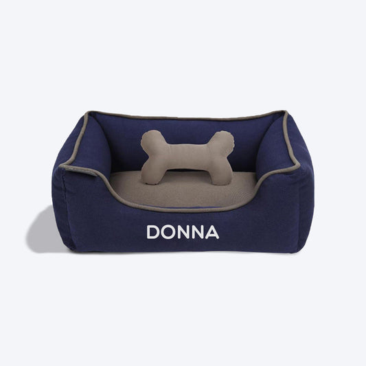 HUFT Personalised Lounger Dog Bed (Free Bone Cushion) - Navy With Grey - Heads Up For Tails