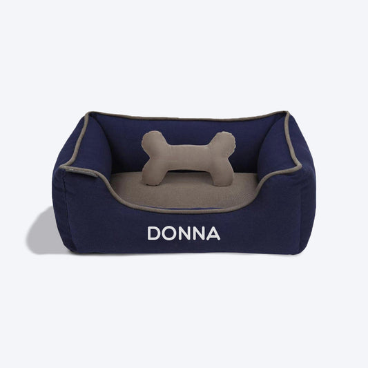 HUFT Personalised Classic Lounger Dog Bed (Free Bone Cushion) - Navy With Grey