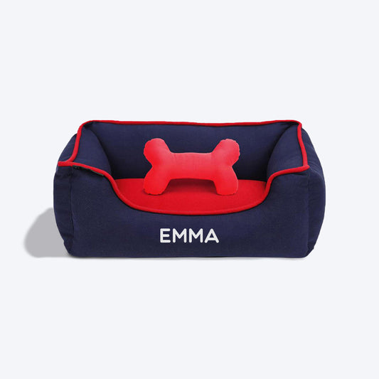 HUFT Personalised Lounger Dog Bed (Free Bone Cushion) - Navy With Red - Heads Up For Tails