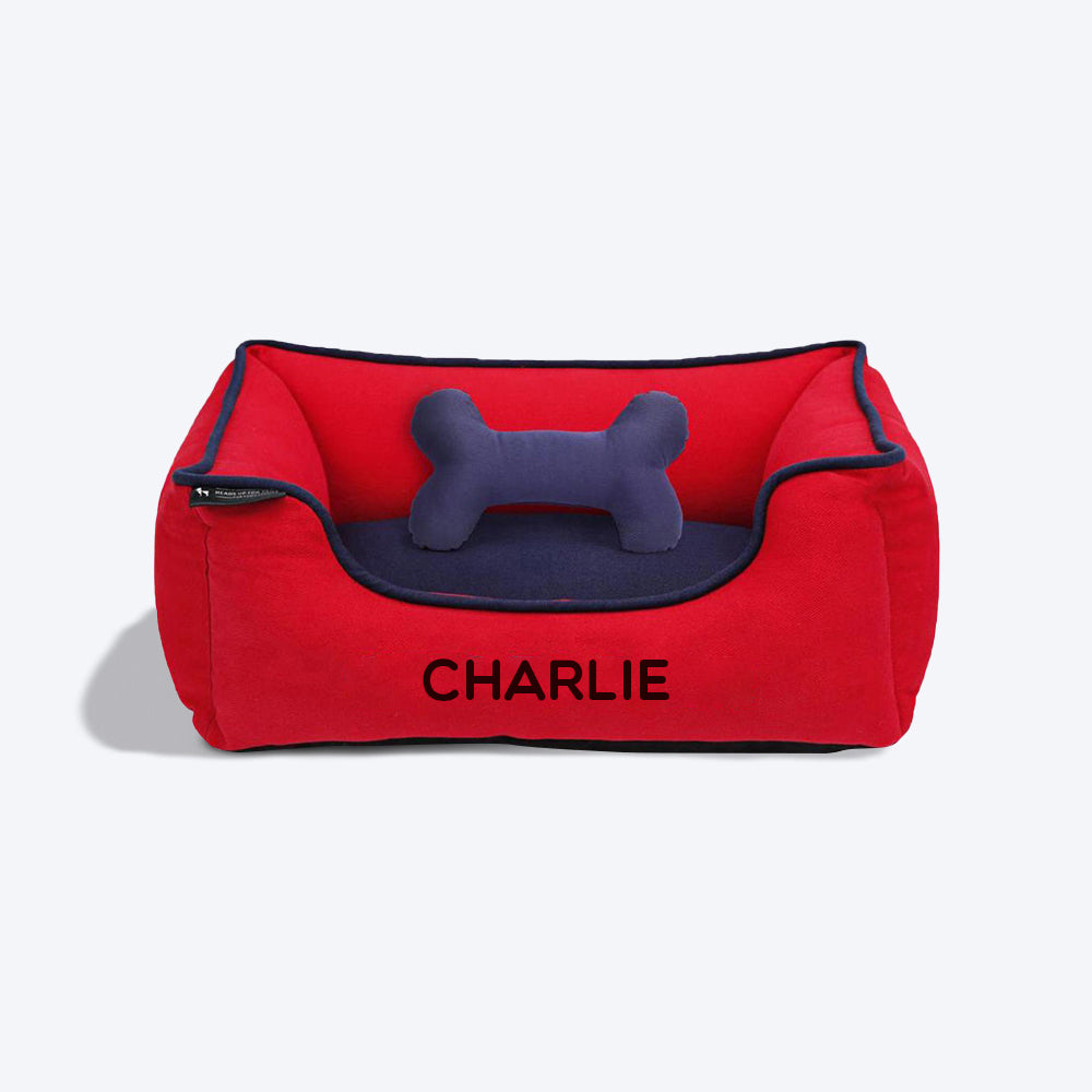 HUFT Personalised Classic Lounger Dog Bed (Free Bone Cushion) - Red With Navy - Heads Up For Tails