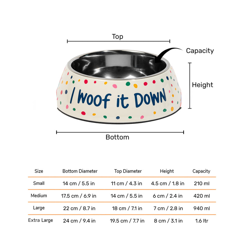 HUFT I Woof It Down Printed Melamine Bowl With Steel Insert For Dog - Beige - Heads Up For Tails