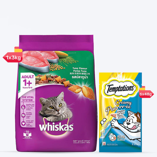 Whiskas & Temptations Adult Cat Food & Treats Combo - Pack of 2 - Heads Up For Tails