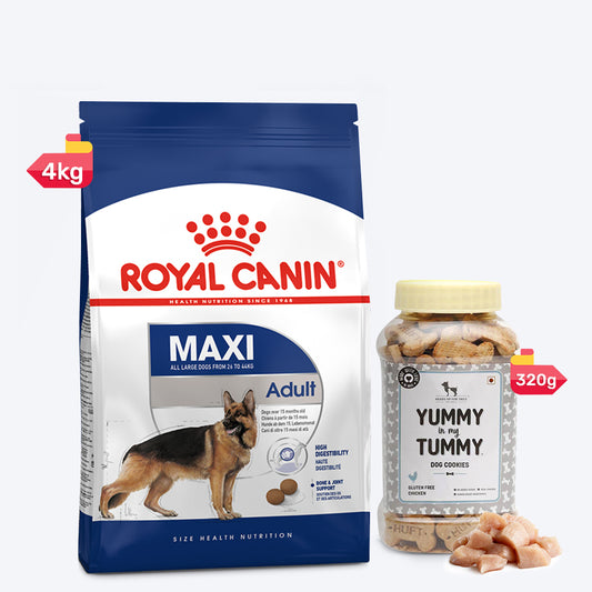 Royal Canin Maxi Dry Food & YIMT Real Chicken Biscuits For Adult Dogs - Heads Up For Tails