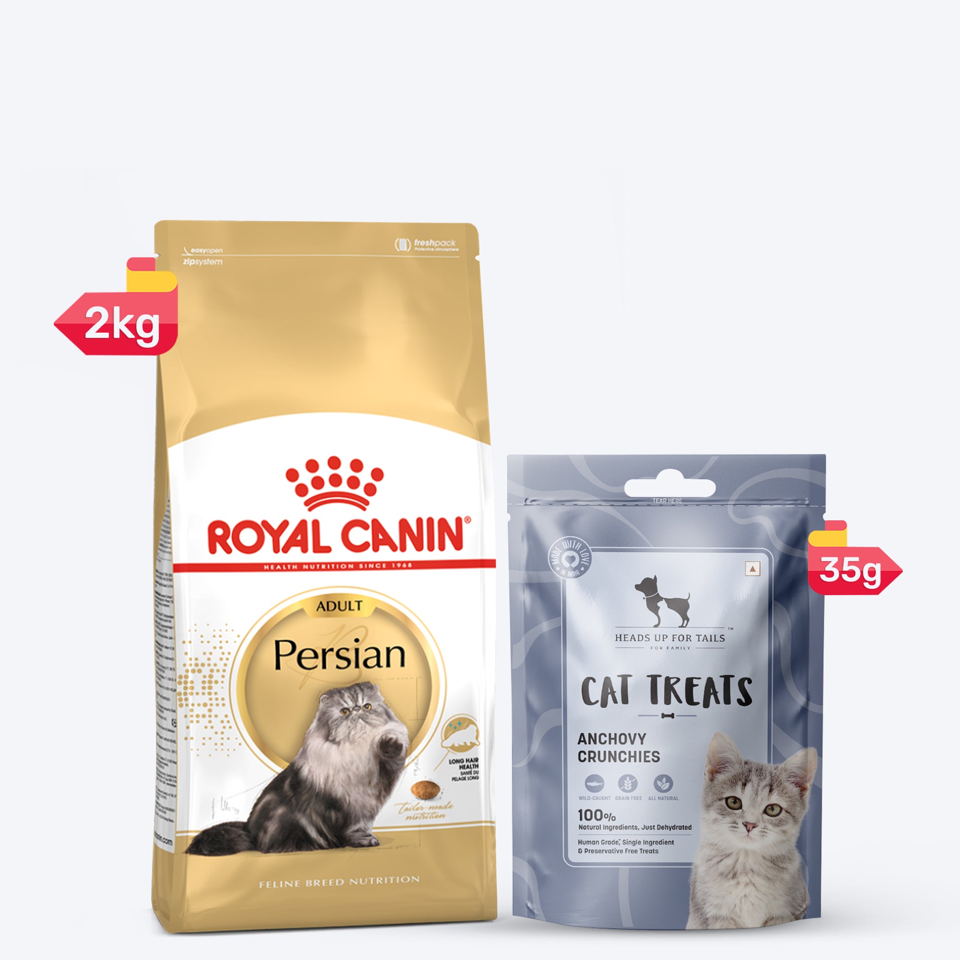 Royal Canin Dry Food & HUFT Anchovy Fish Treats Combo For Persian Adult Cat - Heads Up For Tails