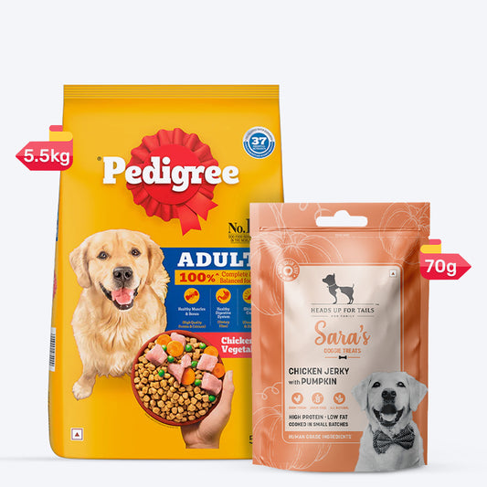 Pedigree Chicken & Vegetables Dry Food & Sara's Chicken Jerky With Pumpkin Treat Combo For Adult Dogs - Heads Up For Tails