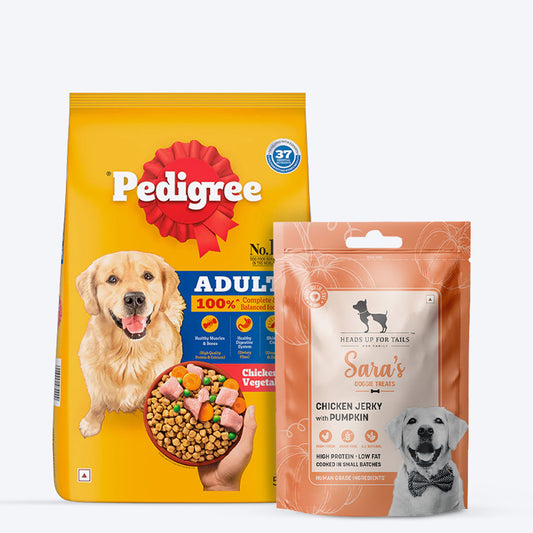 Pedigree Chicken & Vegetables Dry Food & Sara's Chicken Jerky With Pumpkin Treat Combo For Adult Dogs