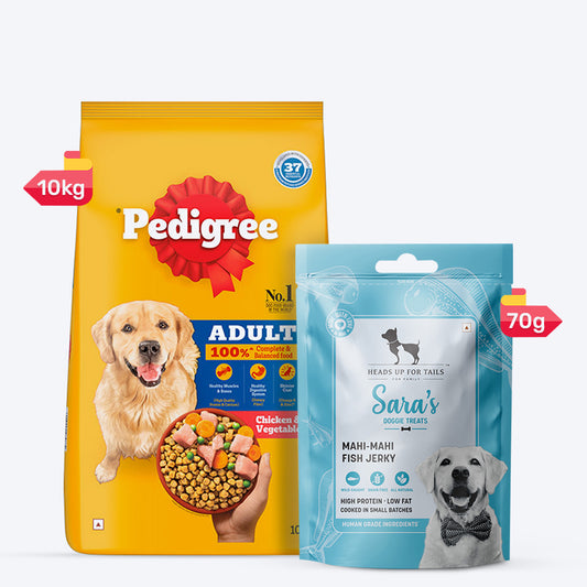 Pedigree Chicken & Vegetables Dry Food & Sara's Dehydrated Mahi Mahi Fish Treat Combo For Adult Dogs - Heads Up For Tails